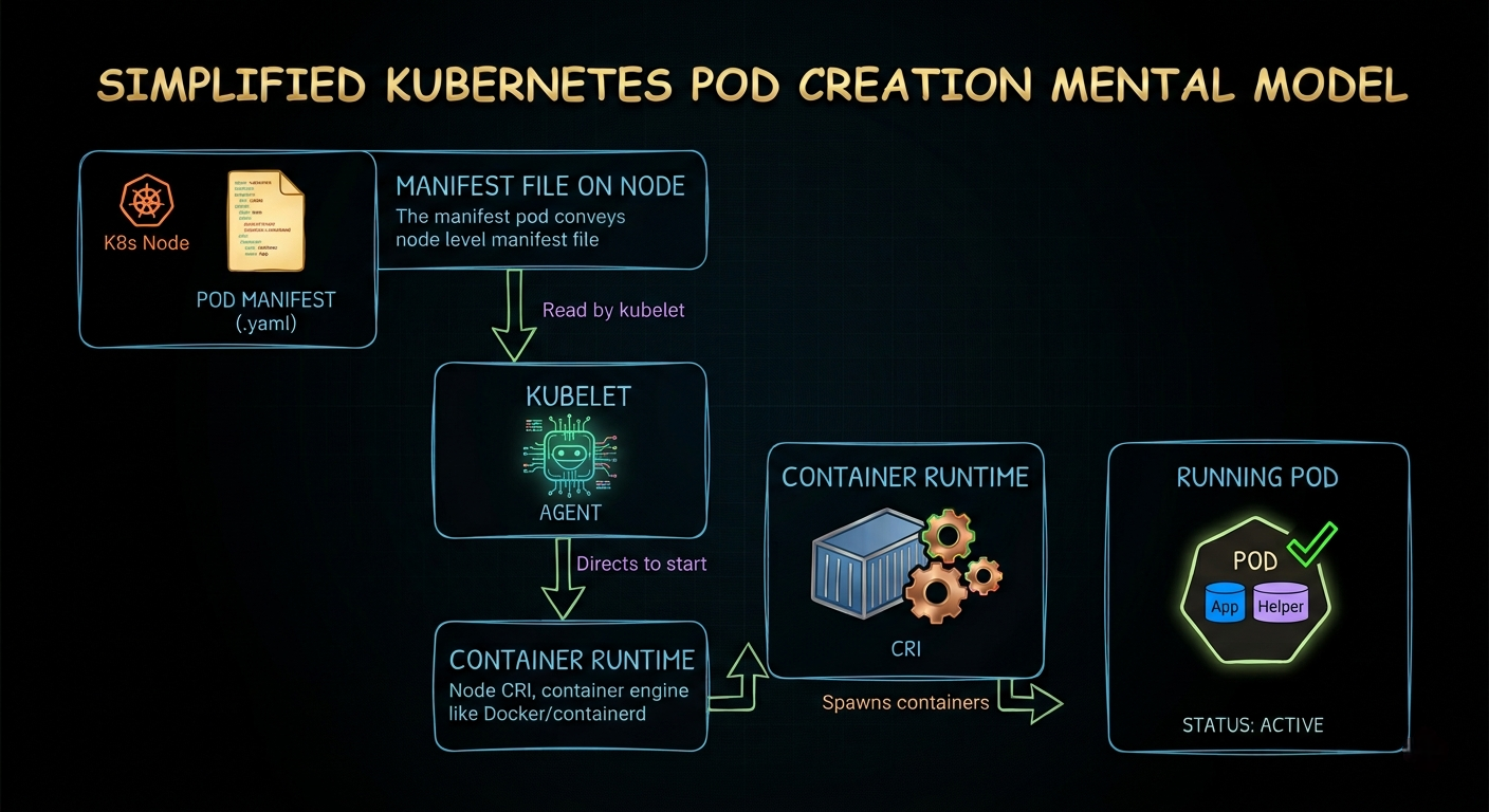 Static Pod creation flow from a node manifest to a running Pod